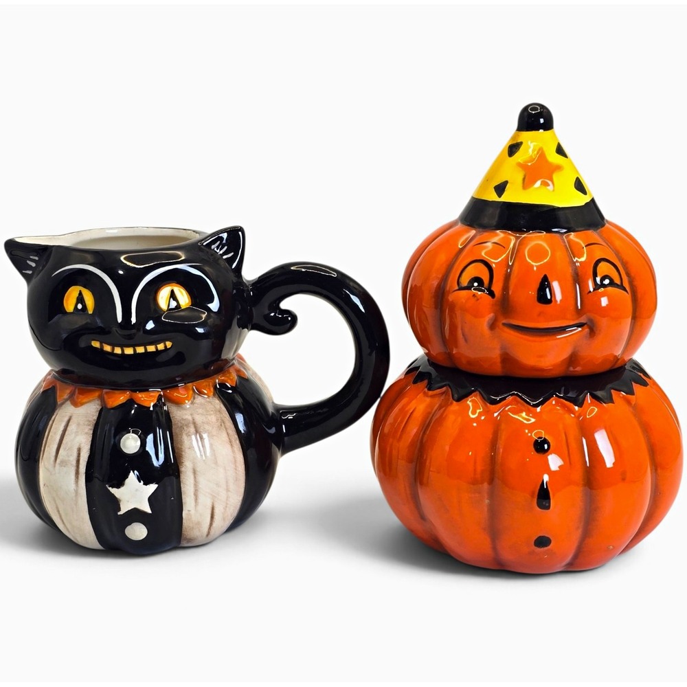 Transpac Halloween Black Cat Creamer Pumpkin Sugar Bowl Set Ceramic